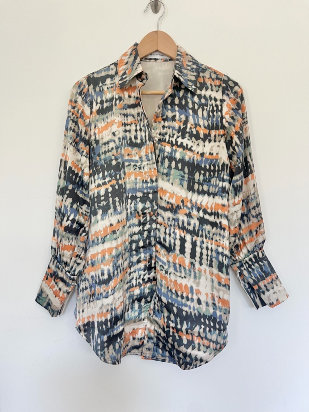 Veiled Collection Abstract Stripe Silk Button-Down Blouse Blue Orange Womens XS